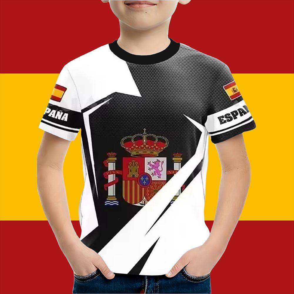 Boys Clothes Spanish Flag Graphic T-Shirt Vintage Casual Short Sleeved Kids Clothes 2-14Y Summer Outdoor Spanish Child Top Tee