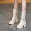 Waterproof table high-heeled short boots autumn and winter new thick-soled fashion boots belt buckle thick-heeled Martin boots