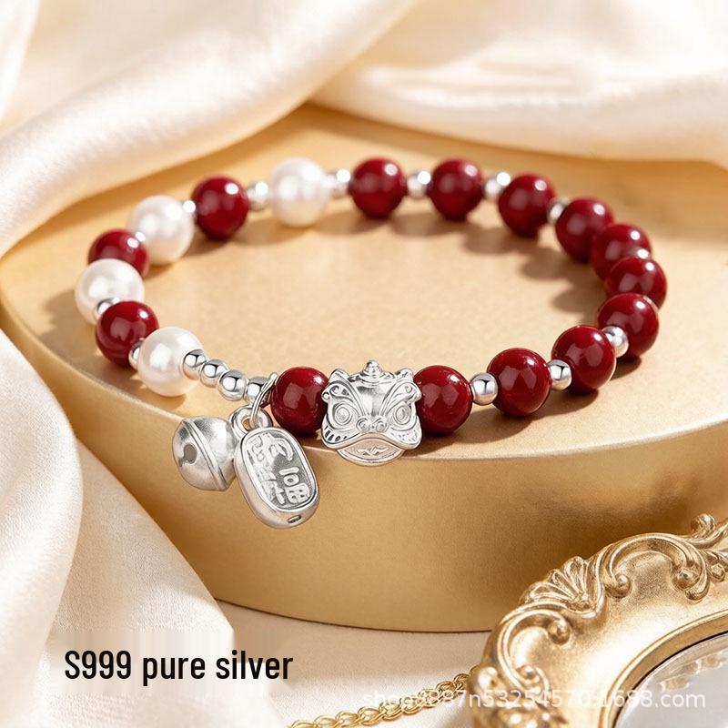Sterling Silver Waking Lion Bracelet with Cinnabar and Silver Beads - Chinese Ethnic Style Silver Jewelry.