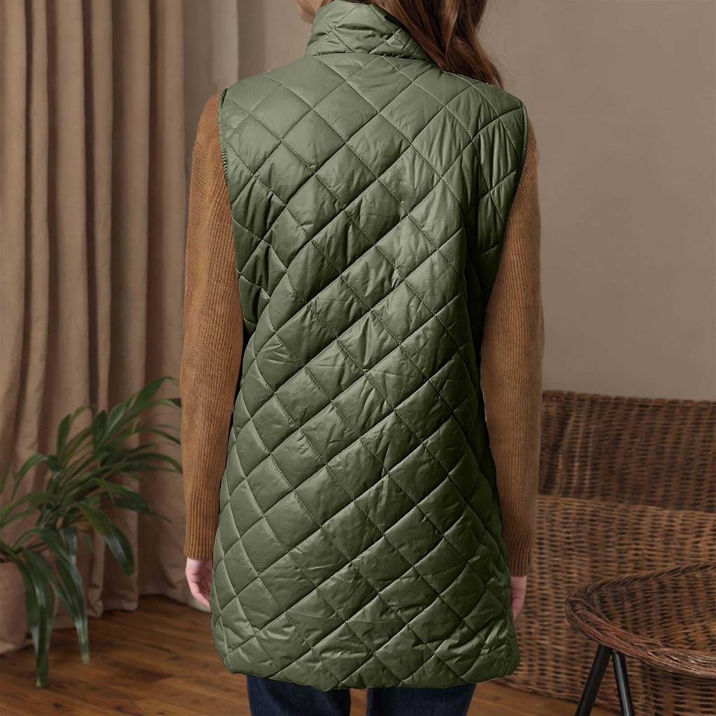 Dámská dlouhá trendy jednobarevná prošívaná bunda bez rukávů na zip, lehká, hřejivá, polstrovaná vesta, kabát, svrchní oděv