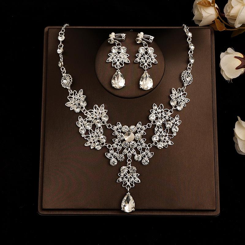 Korean Bridal Necklace & Earrings Set - Rhinestone & Pearl Wedding Accessories