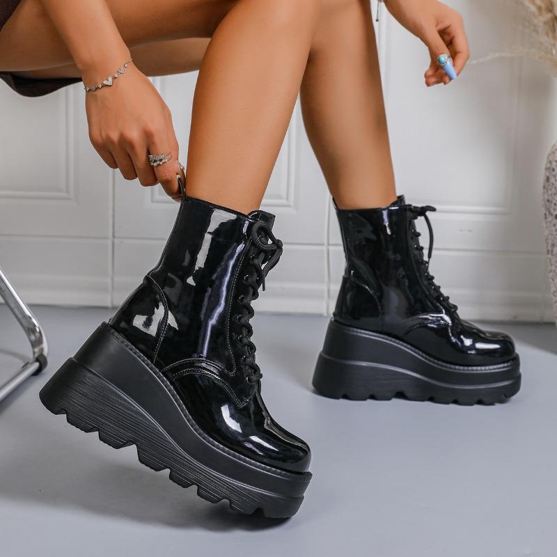 Women's American Gothic Platform Boots, Chunky Round Toe Motorcycle Riding Boots, Knee High Slimming Long Boots for Women