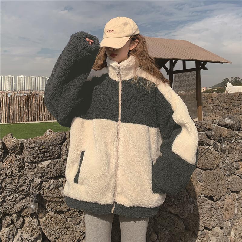 Elegant Coat Women Autumn Winter Warm Soft Zipper Patchwork Jacket Female Plush Overcoat Pocket Casual Outwear