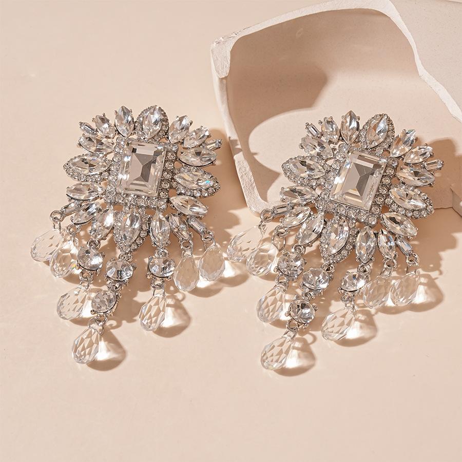 Inlaid Rhinestone Flowers Glass Beads Tassel Earrings for Women Exaggerated Temperament Bride Drop Earring Sparkle Zircon Gift