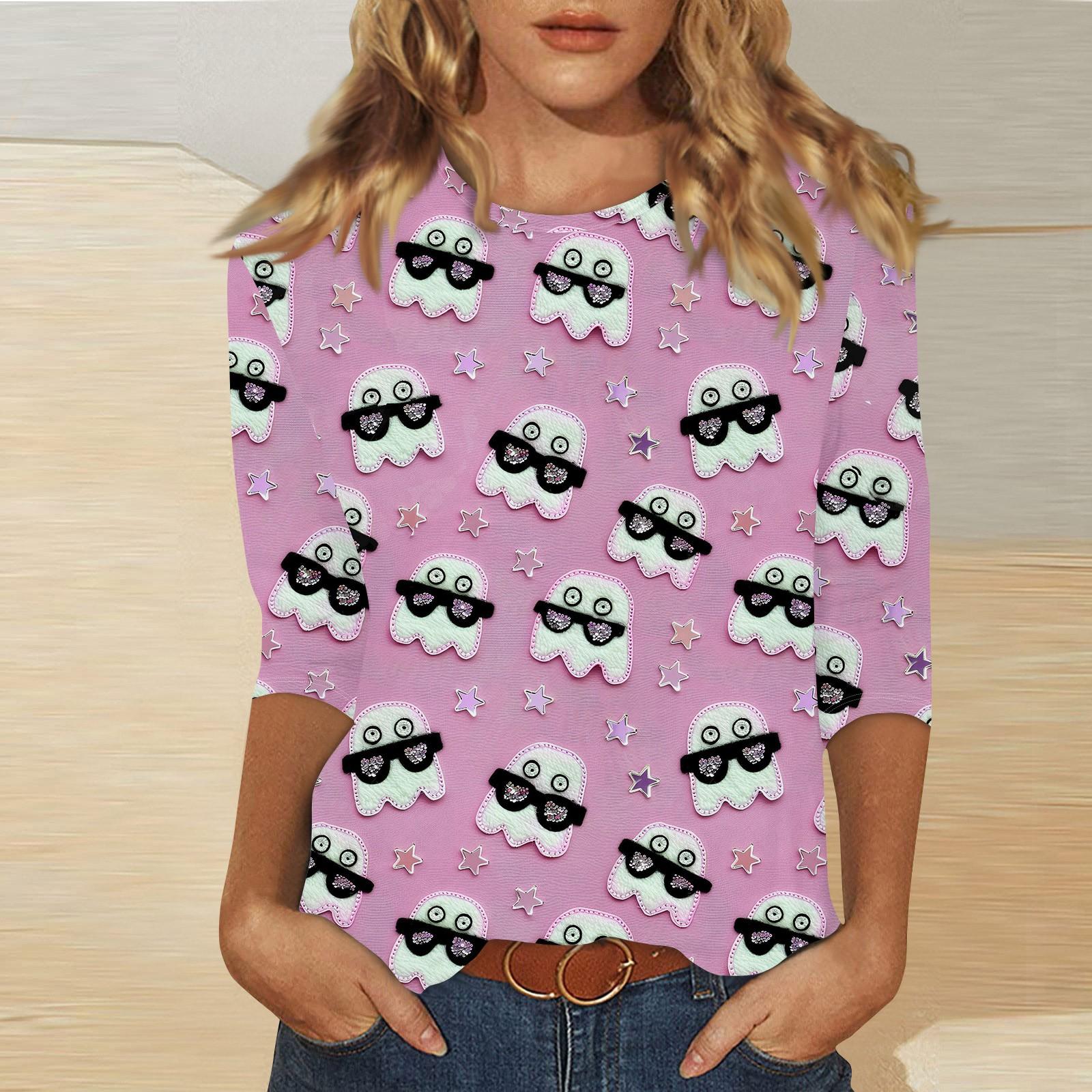 

Женский топ с круглым вырезом и принтом на Хэллоуин с рукавами три четверти, повседневная футболка XXXL розовый