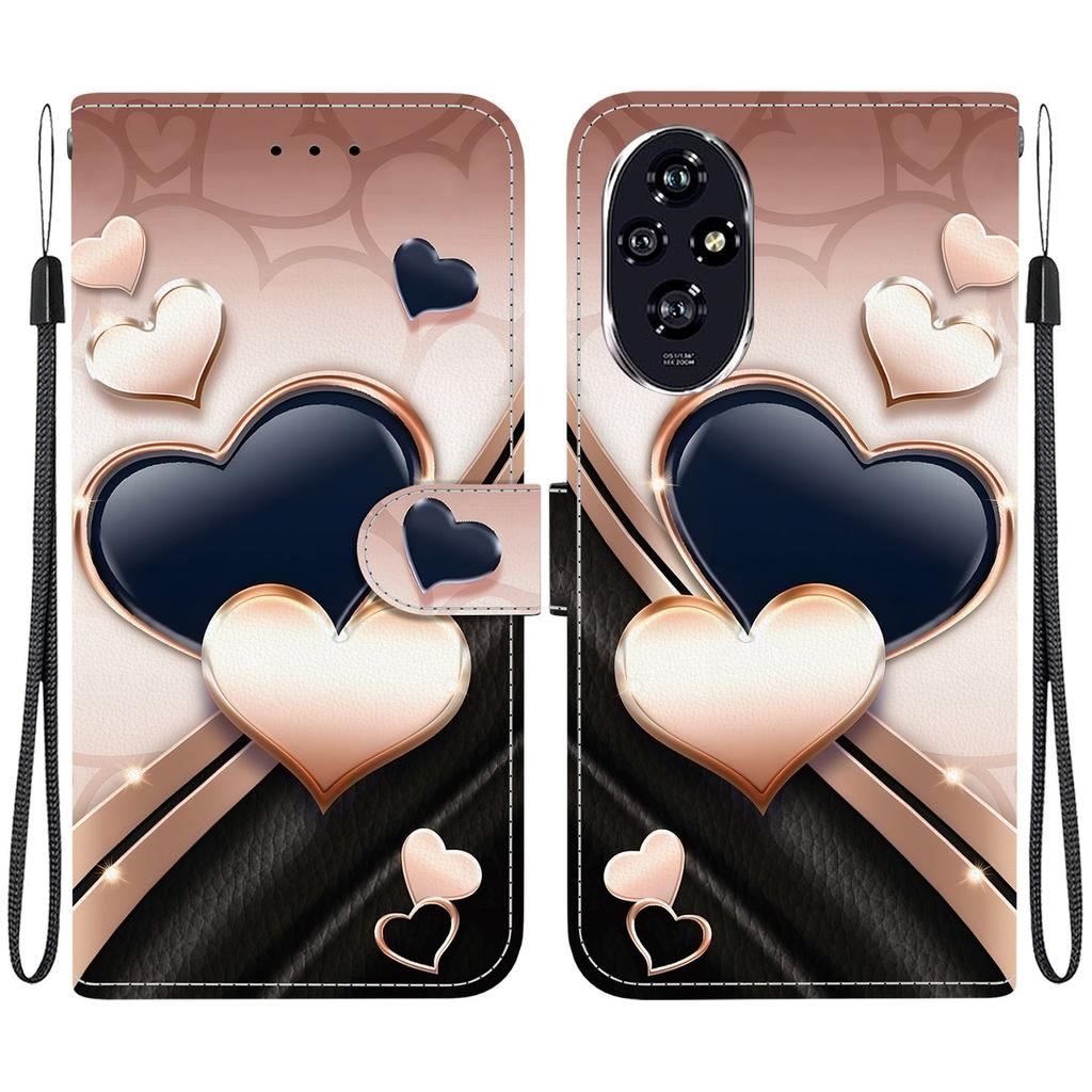 Handmade PU Leather Flip Case for Honor 200/ Honor 200 Pro/ Honor 200 Lite Anti-Slip Shockproof Cover with Wrist Strap & Heart/Rose Cat Designs