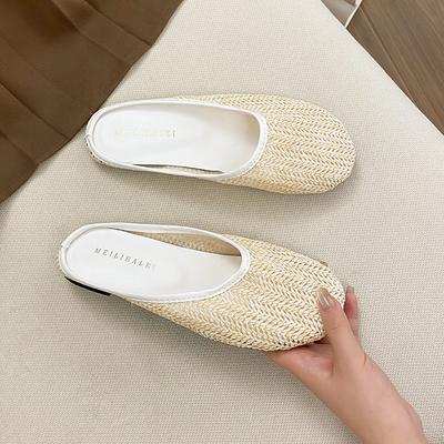 Mori Vacation Style Bag Head Woven Half Slippers Women's 2025 Summer New Wear Breathable Round Head Lazy Cool Slippers