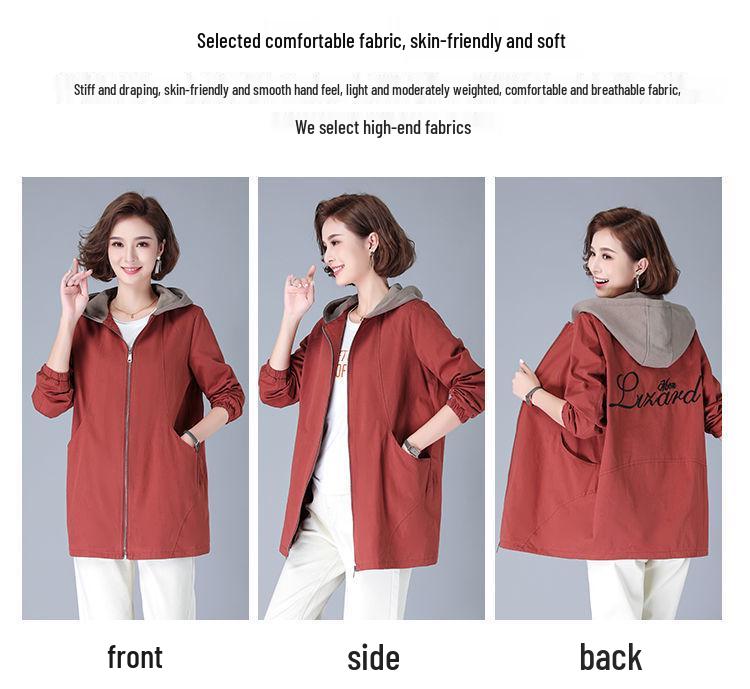 Women's Plus Size Embroidered Color Block Windbreaker - Mid-Length, Loose Fit, Korean Style Jacket for Spring and Autumn