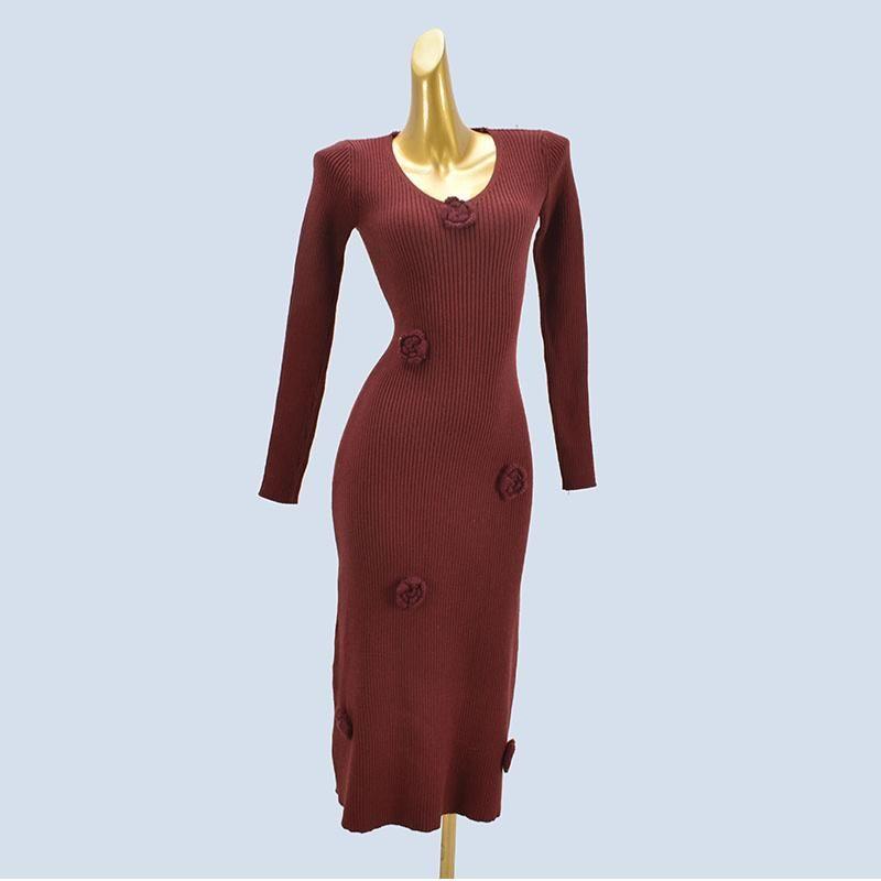 French Round Neck Pure Color Knitting Dress Female Spring & Fall New Arrival Silm Flower Stylish Sweater Skirt
