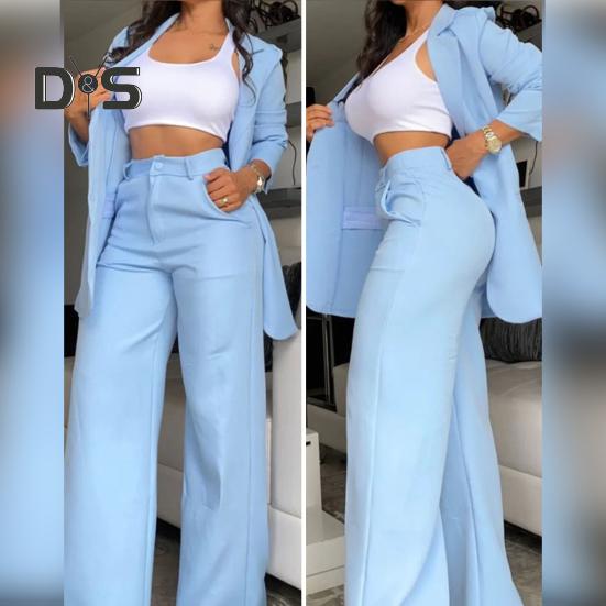2 Pcs/Set Women Coat Pants Suit Single-breasted Turn-down Collar Long Sleeve Catdigan Jacket Wide Leg Straight High Waist Pants Lady Commute Coat