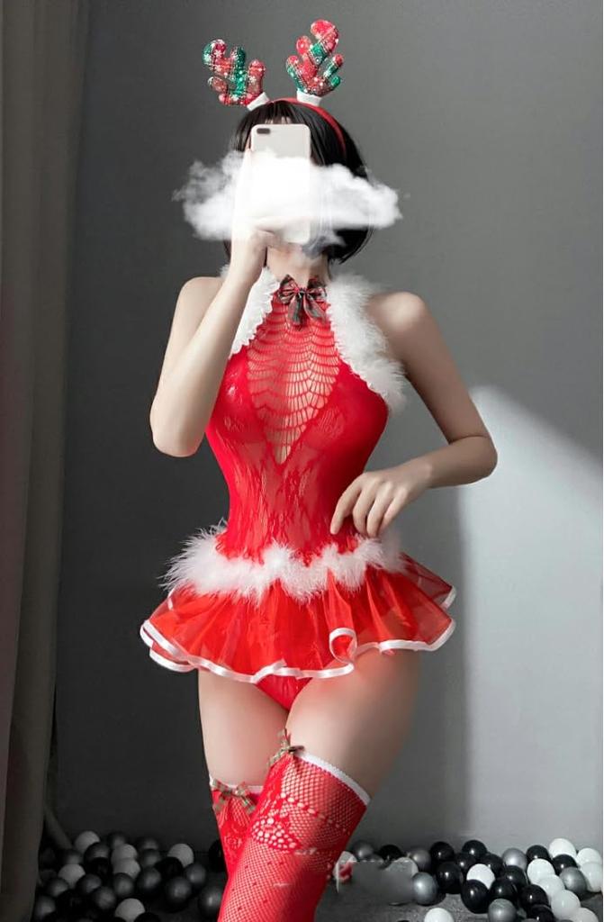 Sexy Christmas Body Stocking Santa Cosplay Red Lingerie Costume Photo Shoot Sheer Reindeer [Lady Lazy]