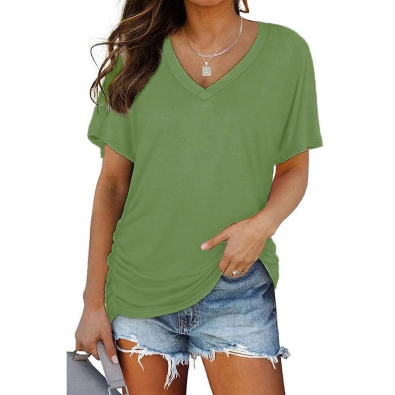 GMXIA Women's Fashion Casual Solid Color Print Short Sleeve V Neck Blouses & Shirts