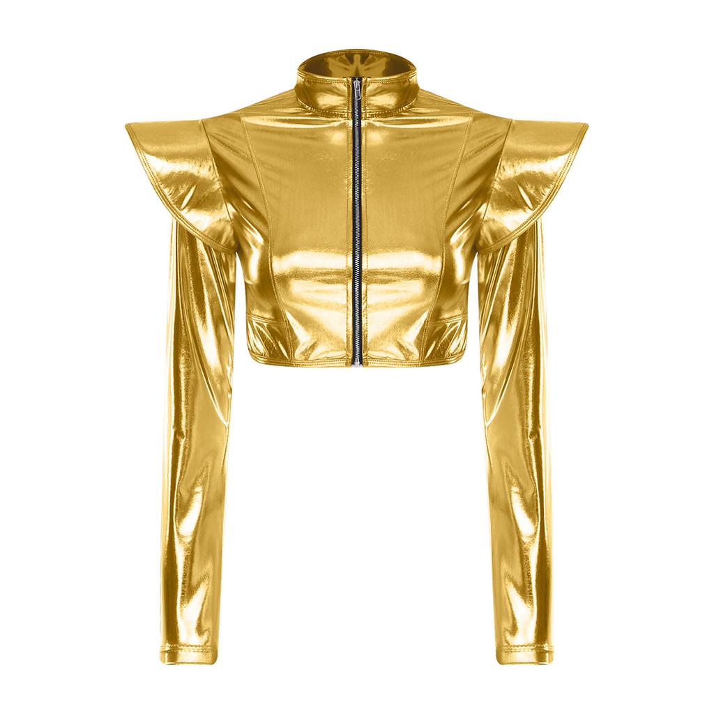 S-3XL Women Iridescent Metallic Crop Jacket Long Sleeve Structured Shoulder Boards Stand Collar Front Zipper for Club Raves Party