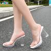 Lady Transparent High Thick Heel Sandals Outdoor Office Nightclub Party Wedding Banquet Pub Catwalk Crystal Heel Slide Sandals