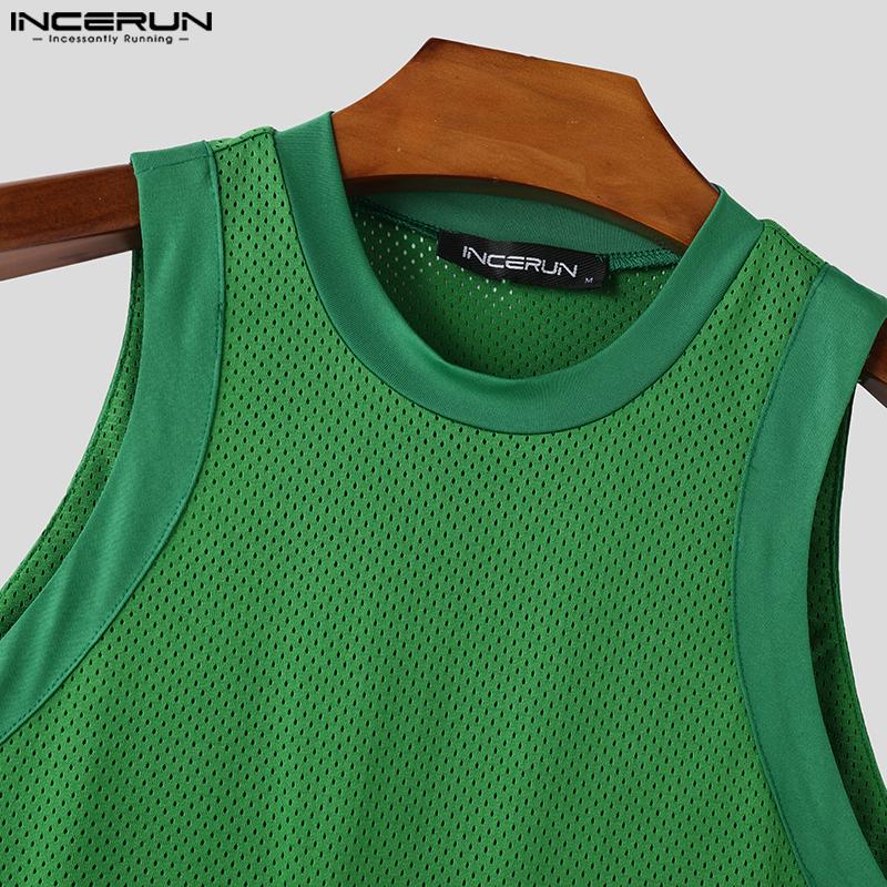 INCERUN Men Summer O Neck Sleeveless Patchwork Stretch Casual Sport Hollow Tank Tops