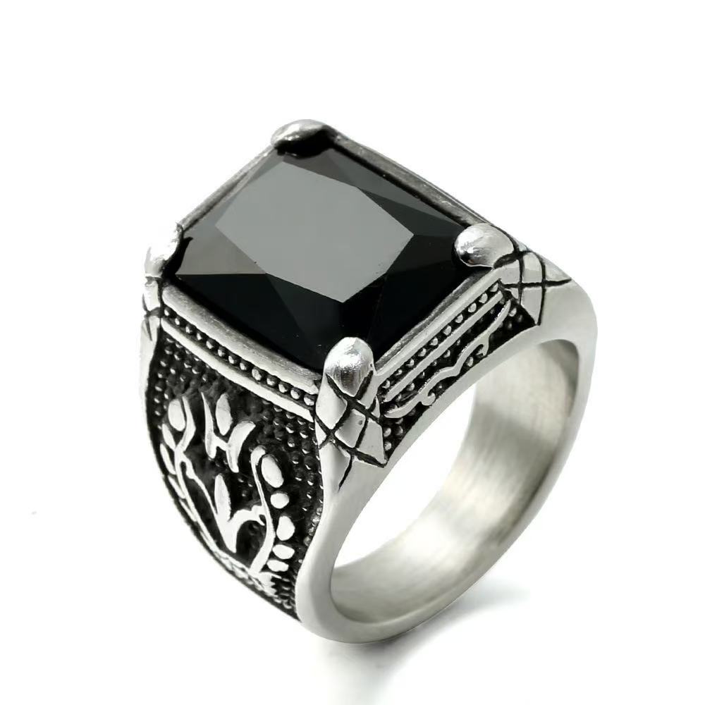 Vintage Big Green/Black/Red/Blue Color Stone Rings for Men Stainless Steel Fashion Punk Handmade Carved Tulip Ring Party Jewelry