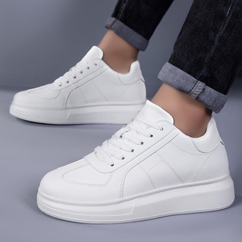 Męskie niewidoczne trampki podwyższające – podeszwa o grubości 8 cm, białe, codzienne buty do jazdy na deskorolce, okrągły nosek