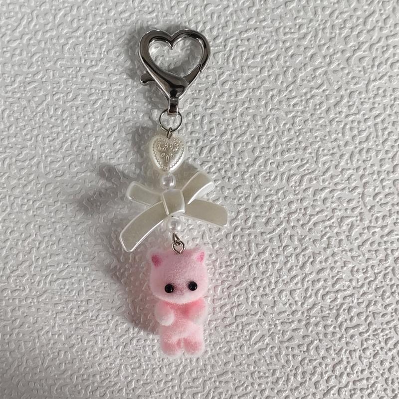Handmade Bowknot Keychain Bear Cat Pendant Keyring Fashionable Bows Phone Lanyard Ornament Accessory for Keys Bag Purse