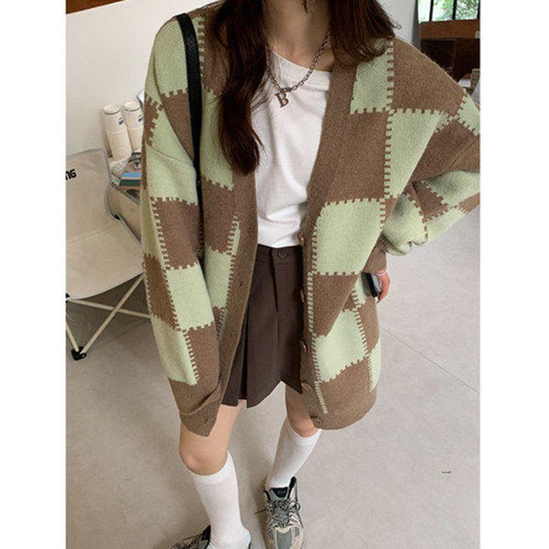 

New Fall Women s Clothing Slim Looking Chessboard Grid V-neck Coat Classic Style Loose Casual Cardigan Long Sleeves Knitwear Green One size