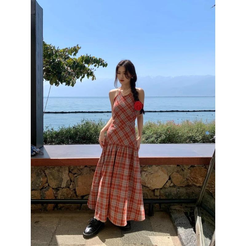 Red Plaid Neck Suspender Dress Women's Summer Temperament Backless Strap Waist Thin Seaside Vacation Dress