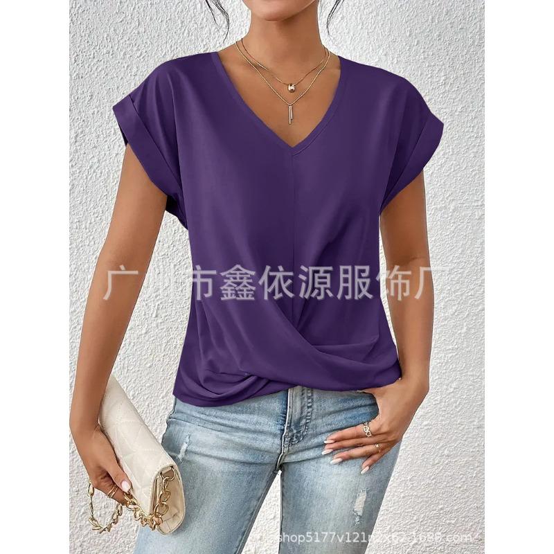 Women Wine Red V Neck Rolled Cap Sleeve Blouse Front Twist Knot Casual Loose T-shirt