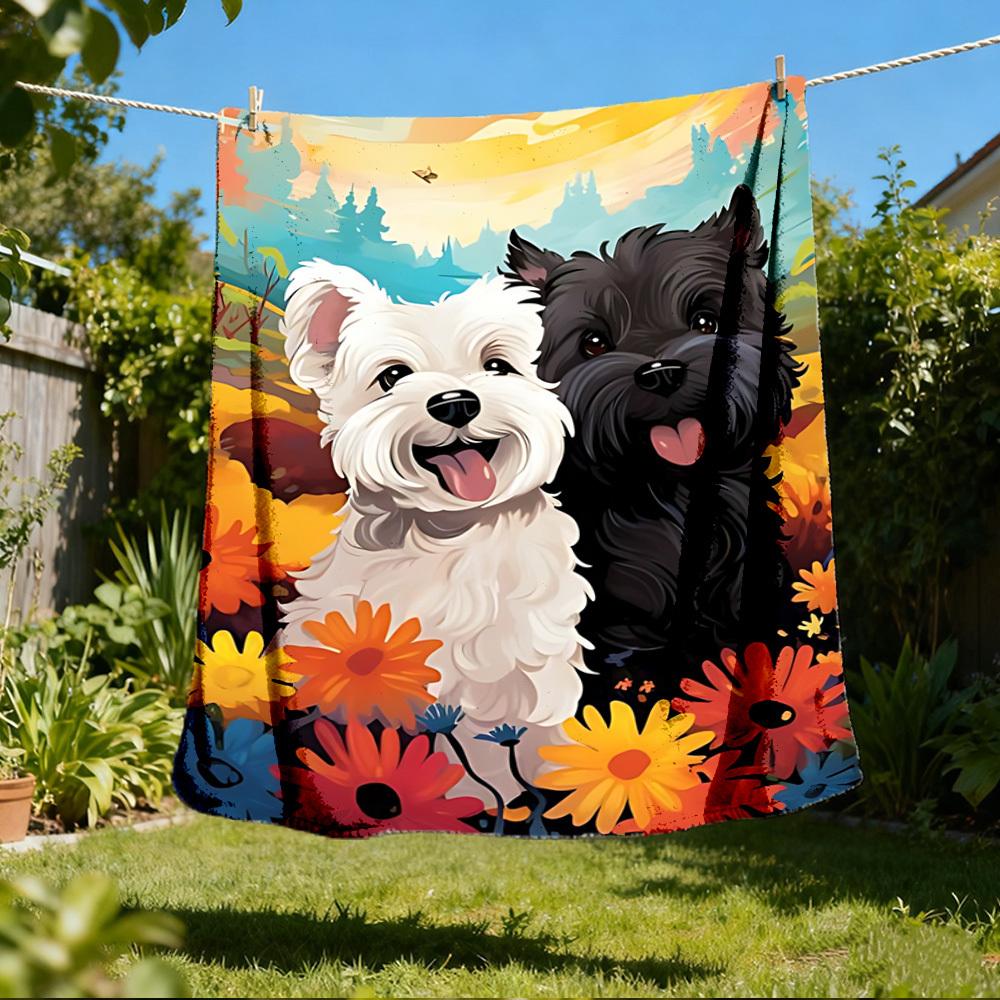 1pc Dog Floral Print Outdoor Soft Polyester Flannel Throw Blanket Versatile for All Seasons , Soft , Cozy , Warm All Season Quilted Throw , 80x120cm