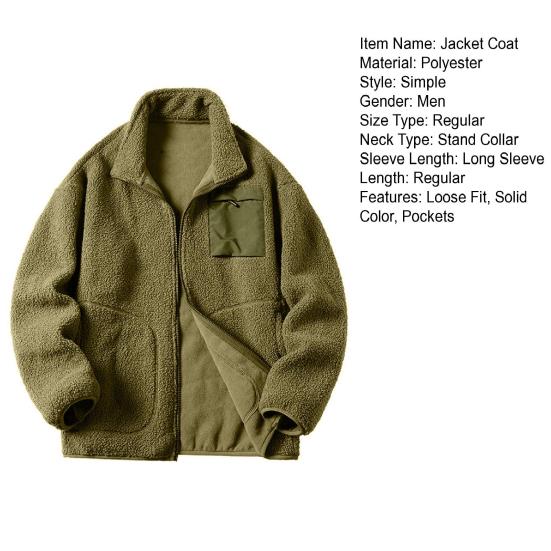 Faux Lambswool Jacket Coat Autumn Winter Zipper Placket Stand Collar Long Sleeve Solid Color Coat with Pockets
