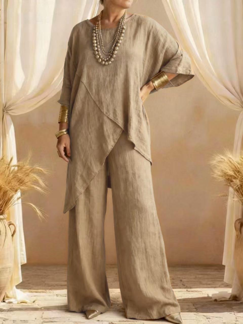 

Летний европейский и американский женский хлопково-льняной комплект из двух предметов 2026 года: Свободный повседневный костюм с асимметричным подолом Small хаки