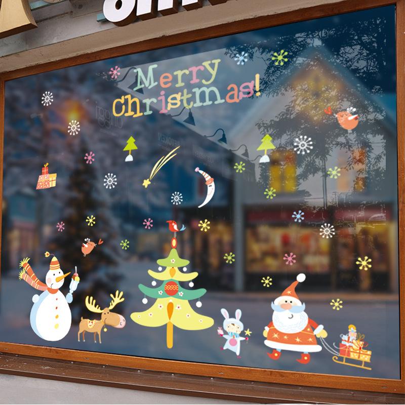 Christmas Tree Decorations, Electrostatic Glass Stickers, Festive Snowman and Reindeer Scene Decoration, Event Stickers