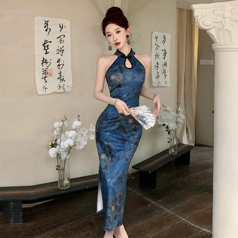 New women's clothing retro printing split fork improved cheongsam slim dress