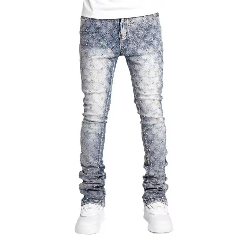 Stretchy Personality Stacked Denim Pants New Fashion Rhinestone European Street Skinny Jeans for Men