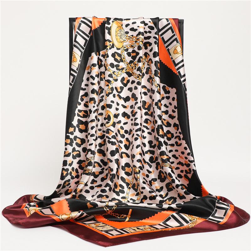 Leopard Print Luxury Silk-Like Scarf - 90cm Autumn/Winter Fashion Women's Shawl with Chain Letter Design