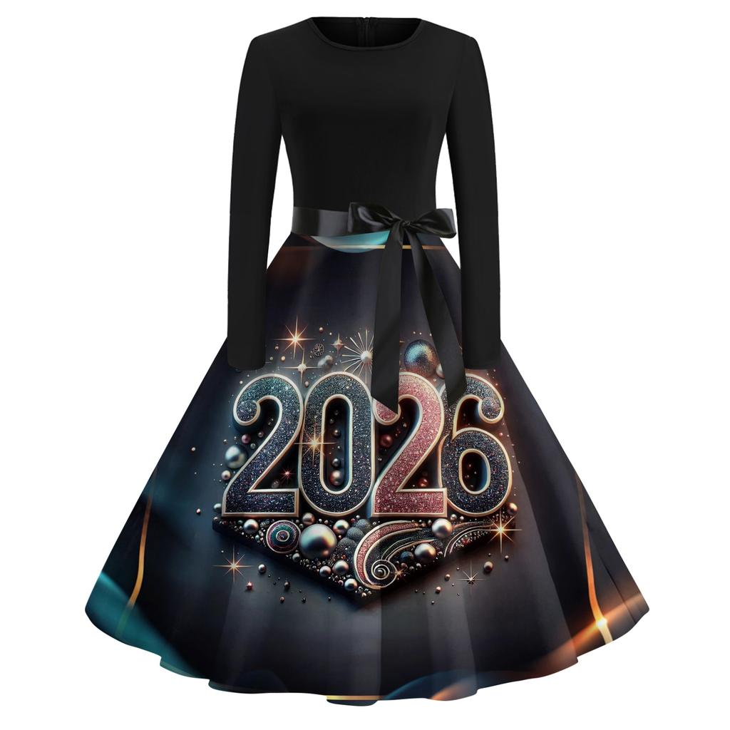 Women's Casual Fashion Round Neck Long Sleeve New Year Printed Retro Dress