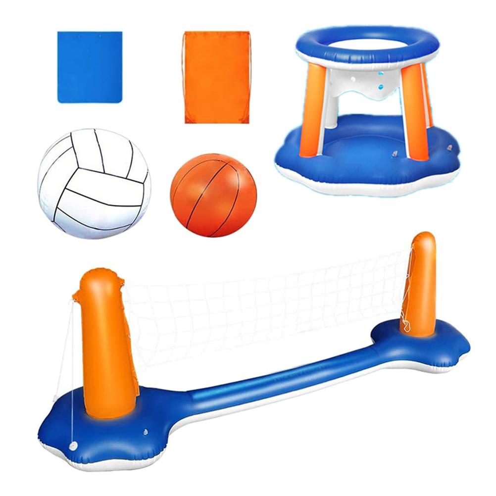 Inflatable Pool Float Set Volleyball Net and Basketball Hoops Floating Pool Swimming Game Toys for Kids and Adults