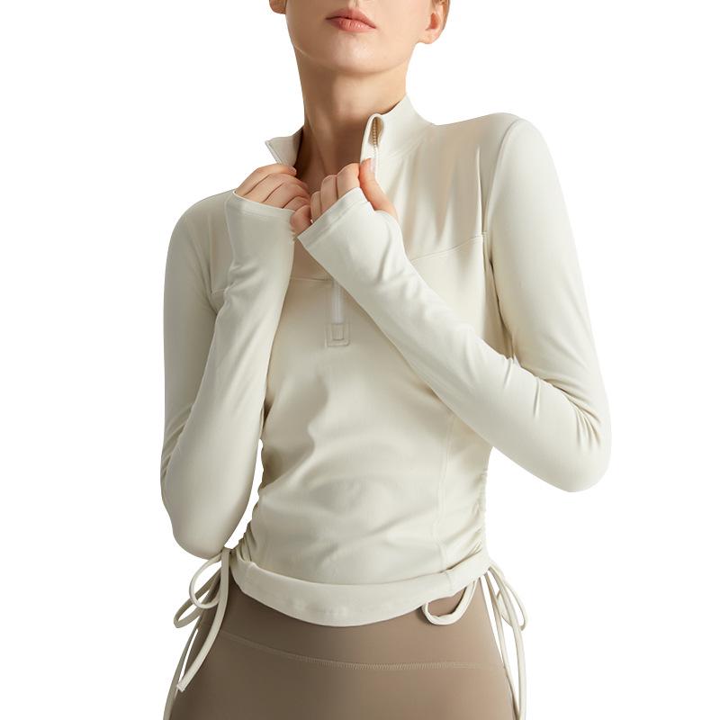 Chuandun Top da Yoga Slim a Maniche Lunghe da Donna Autunno Inverno con Collo Alto Mezza Zip e Pieghe Coulisse