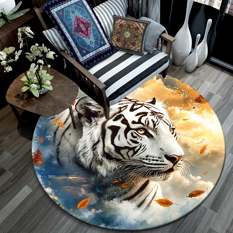 White Tiger with Falling Leaves Round Area Rug,Carpet Rug for Living Room Bedroom Sofa Playroom Decor,Non-slip Floor Mat