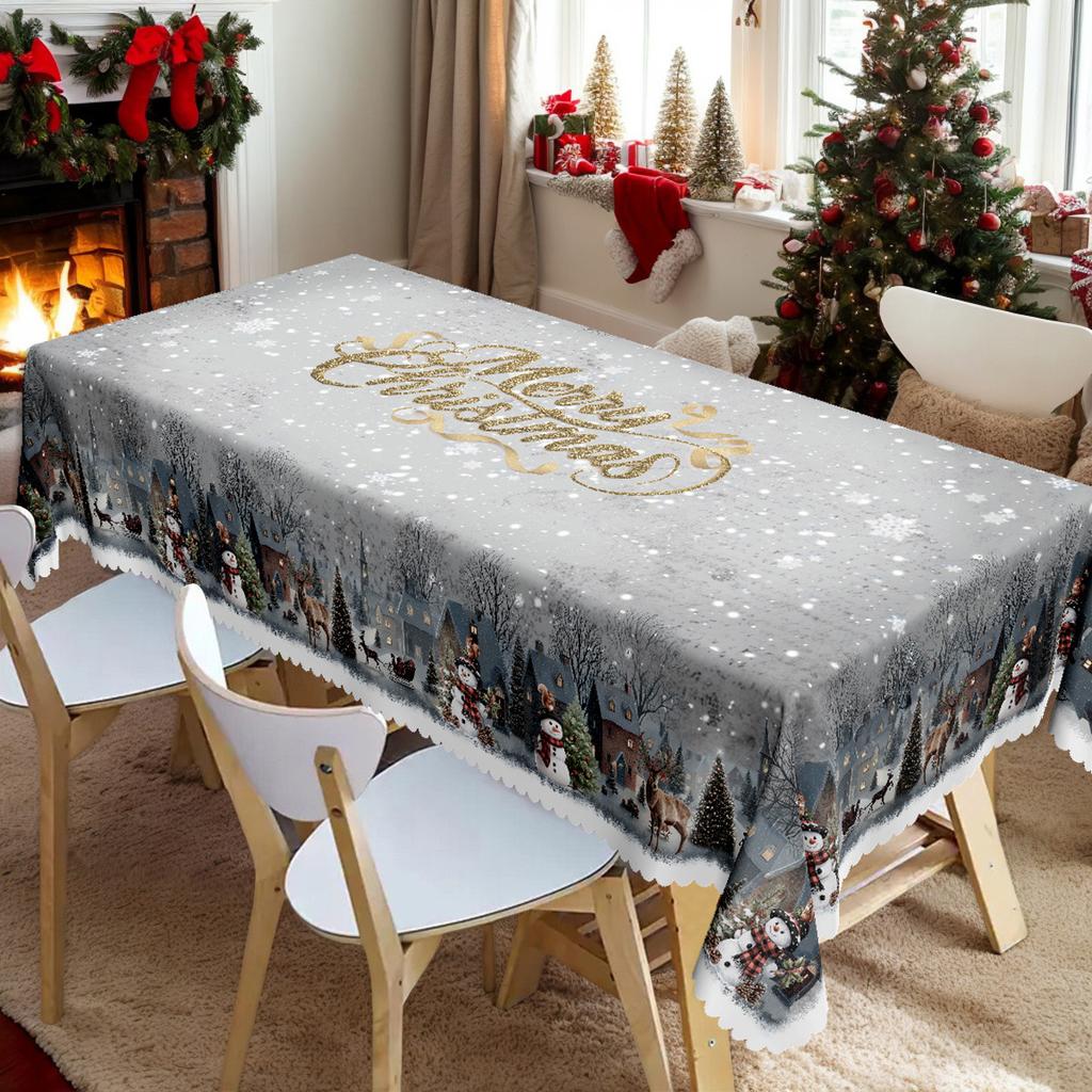 Tablecloth with Embossed Edges , Featuring a Merry Christmas Theme for Parties, Adorned with a Buffalo Check Bow, Poinsettias, Christmas Trees