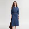 ELLE French Minimalist Tie Collar Loose Solid Color Long Dress Simple Elegant Long Sleeve Dress Women dresses Denim-Blue EL49248