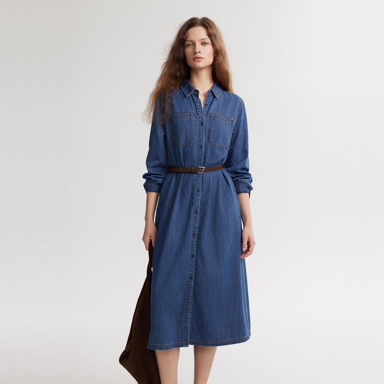 ELLE French Minimalist Tie Collar Loose Solid Color Long Dress Simple Elegant Long Sleeve Dress Women dresses Denim-Blue EL49248