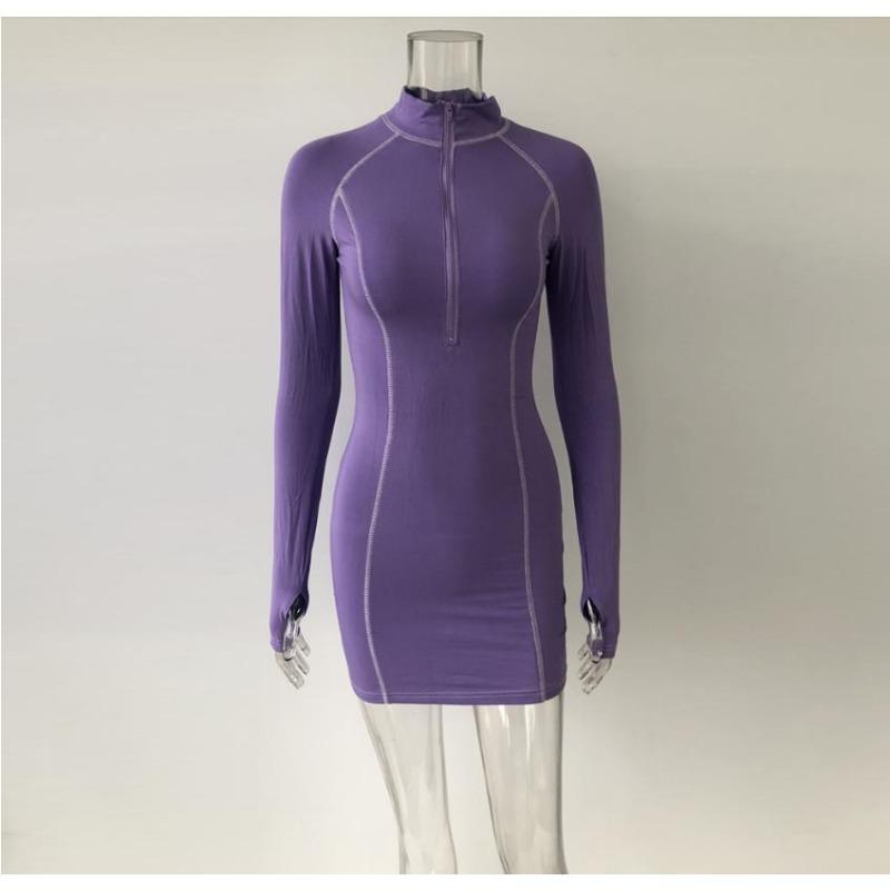 

Женское летнее сексуальное платье с длинным рукавом, обтягивающее эластичное платье с воротником-стойкой и застежкой-молнией, повседневные короткие платья для женщин, модное элегантное однотонное женское платье 2544 L фиолетовый
