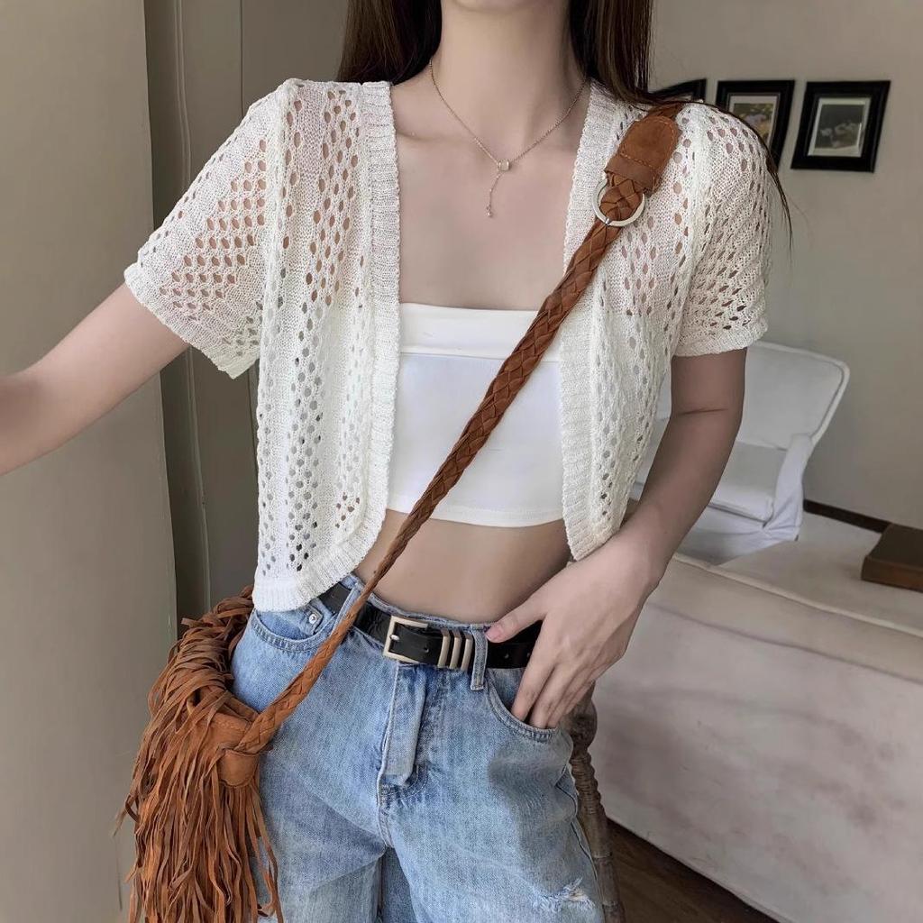 Luftige Häkel-Strickjacke: Leichtes, Sonnenschutz, Kurzärmeliges Sommer-Strick-Cover-Up für Damen