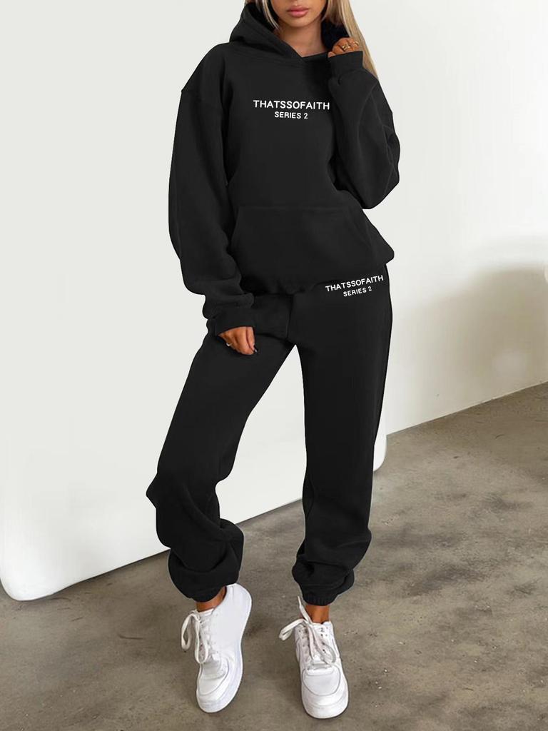 European-American Women's Fashion Letter Print Hoodie & Fleece Jogger Set
