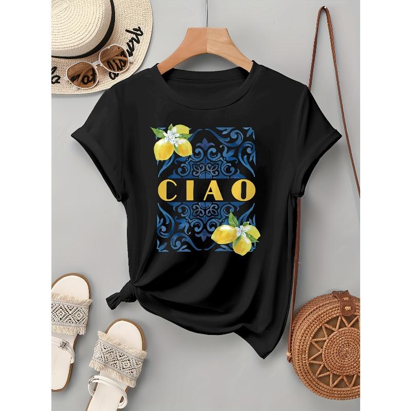 

European sizes Lemon Pattern Print, Round Neck Women S Short Sleeve T-Shirt, Easy Summer Base Shirt Graphic Print 4XL