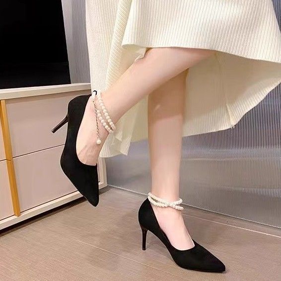 2025 new suede black high heels women's pearl non-slip stiletto pointed high-end one-word buckle fairy single shoes