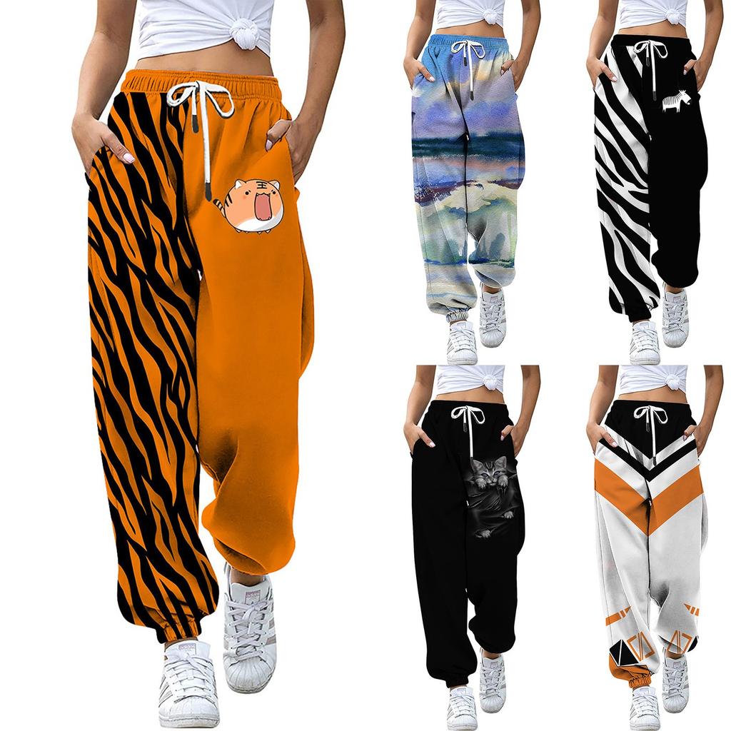 Women's Gigital Color Printing Casual Sports Pants Loose Drawstring Trousers