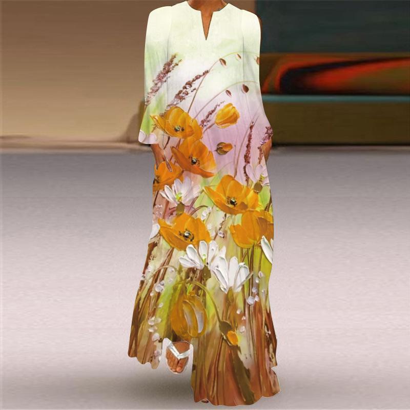 

Платье макси с принтом в европейском и американском стиле с V-образным вырезом и длинными рукавами 2024 года XL