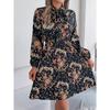 Women's Autumn and Winter Elegant Flower Lace-up Waist Long Sleeve Pleated Dress