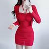 South Korea's Dongdaemun new temperament feminine red sexy neck Korean version suspender skirt women's cardigan two-piece set