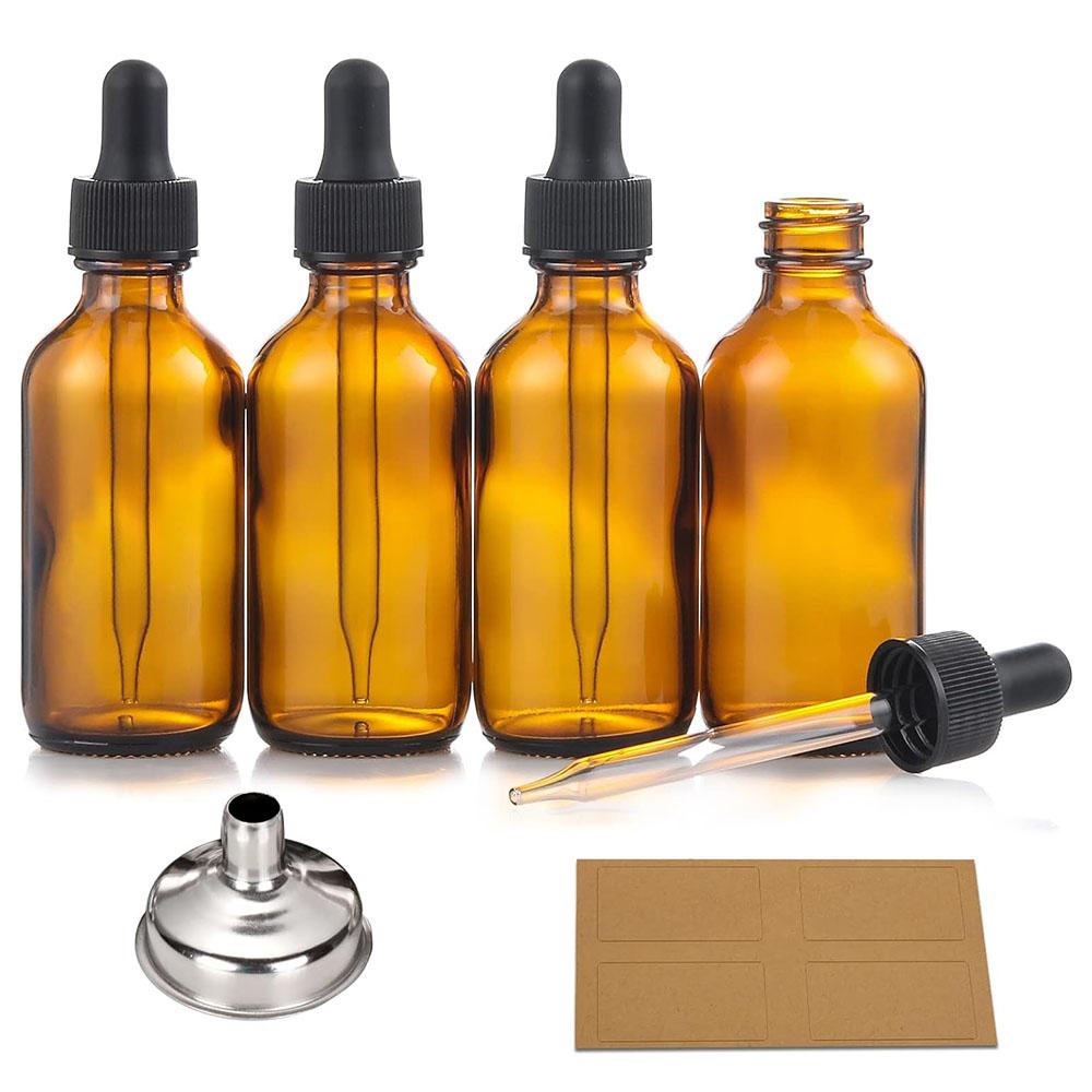 

4-Pack 2oz Amber Glass Dropper Bottles with Funnel & Labels -Tincture Bottles 60ml Leakproof Tincture Bottles for Essential Oils