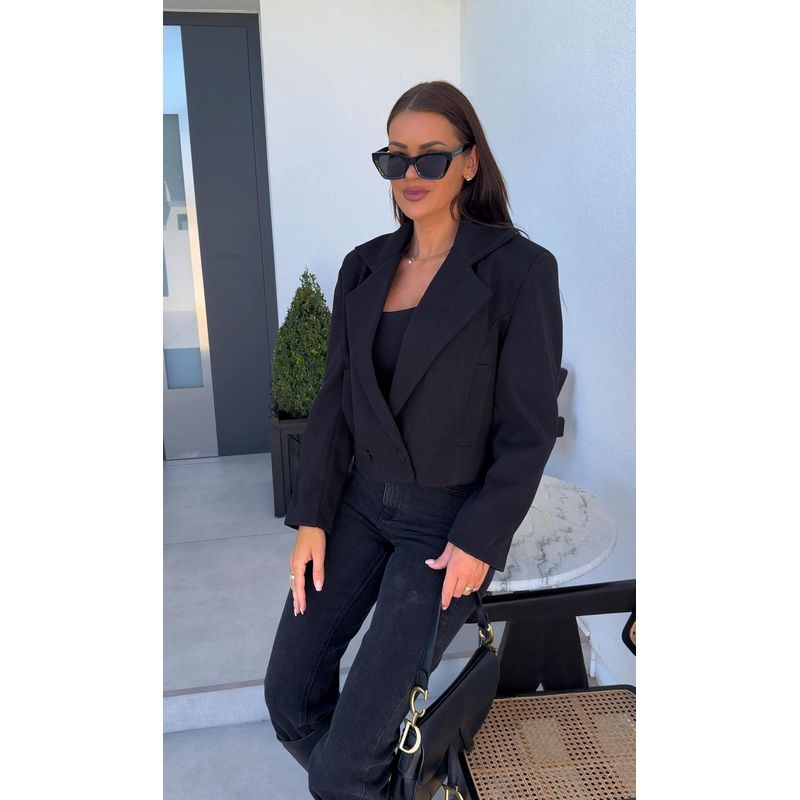 

European British Fall and Winter New Arrival Fashion Tailored Collar Double Breasted Loose Short Long Sleeve Suit Woolen Small Coat for Women Black L